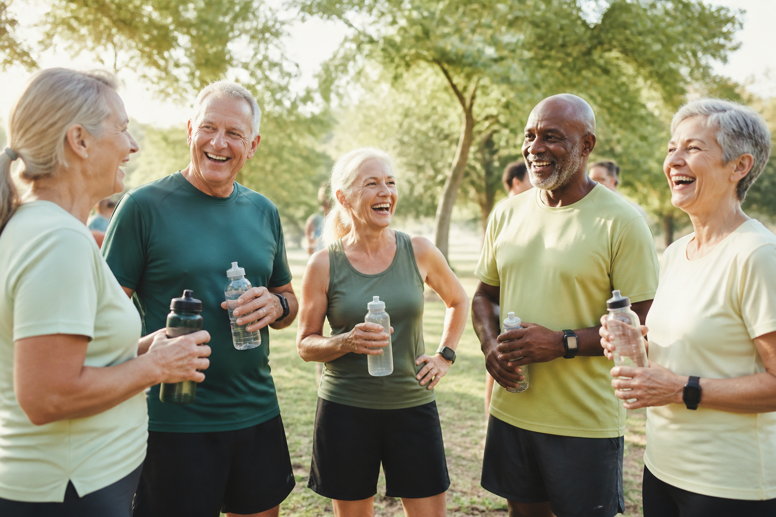 A group of older runners together after a parkrun, celebrating