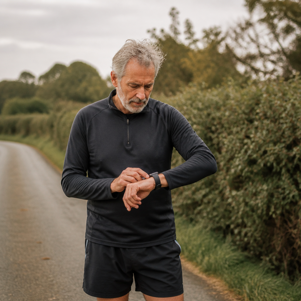 A runner over 50 pausing mid-run to check their watch