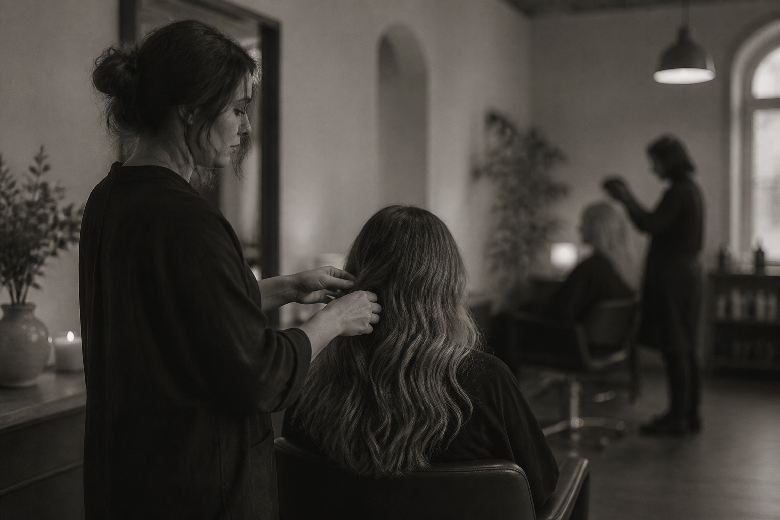 Soft black and white salon interior with a stylist working, calm and intimate